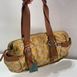 Fossil Floral Shoulder Bag Hobo Boho Key Charm Leather Trim Side Pockets Cottage